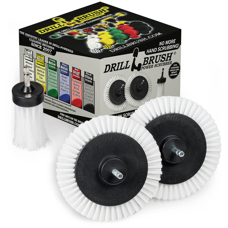 2 Drillbrush Soft White Home and Auto Edge brushes and a Soft White 1 inch Long brush in front of their packaging.