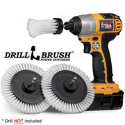 2 Drillbrush Soft White Home and Auto Edge brushes and a Soft White 1 inch Long brush in front of a cordless drill.