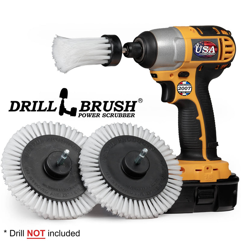 2 Drillbrush Soft White Home and Auto Edge brushes and a Soft White 1 inch Long brush in front of a cordless drill.