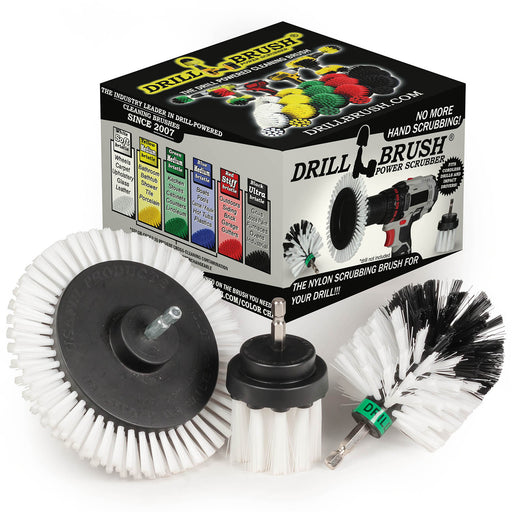 The Drillbrush EMS-2L Soft White Home & Auto Brush Kit in front of the box it comes in.