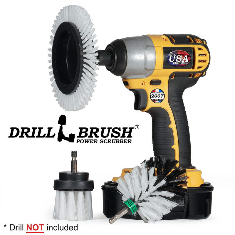 Drillbrush EMS-2L Soft White Home & Auto Brush Kit with an Edge brush in a cordless drill.