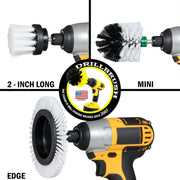 Images of the Drillbrush 2 inch Long, Edge, and Mini Soft White Home & Auto Brushes in cordless drills.