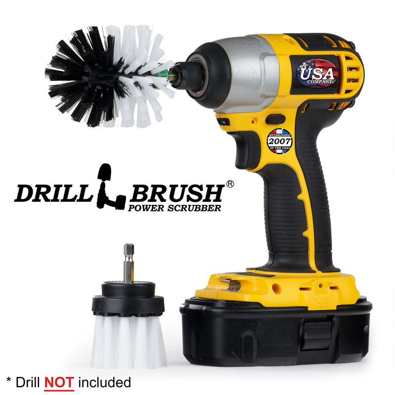 Drillbrush MS-2L Soft White Home & Auto Brush Kit with a Mini brush in a cordless drill.