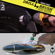 Action shots of a Soft White 2 inch Drillbrush cleaning a tire and a Soft White Mini Drillbrush cleaning a door handle.