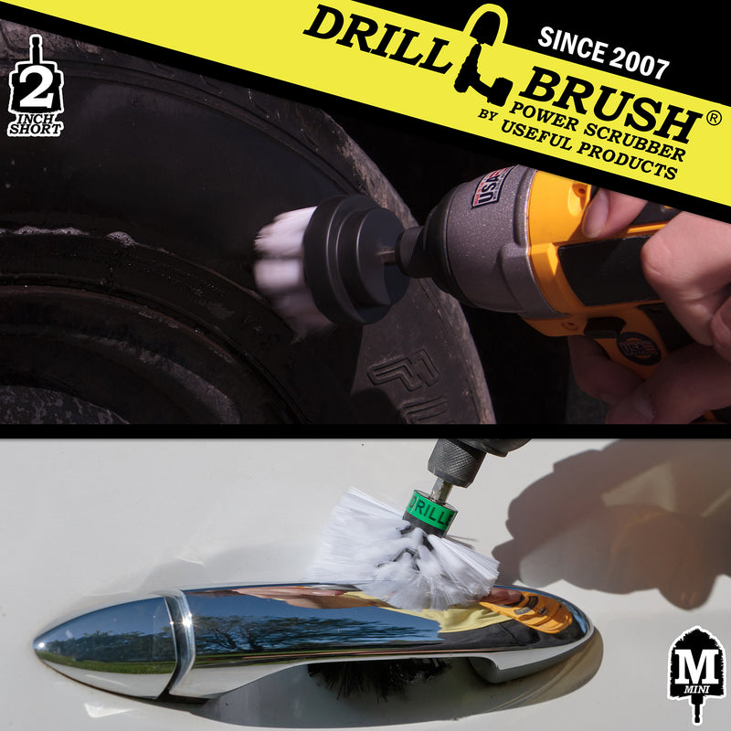 Action shots of a Soft White 2 inch Drillbrush cleaning a tire and a Soft White Mini Drillbrush cleaning a door handle.