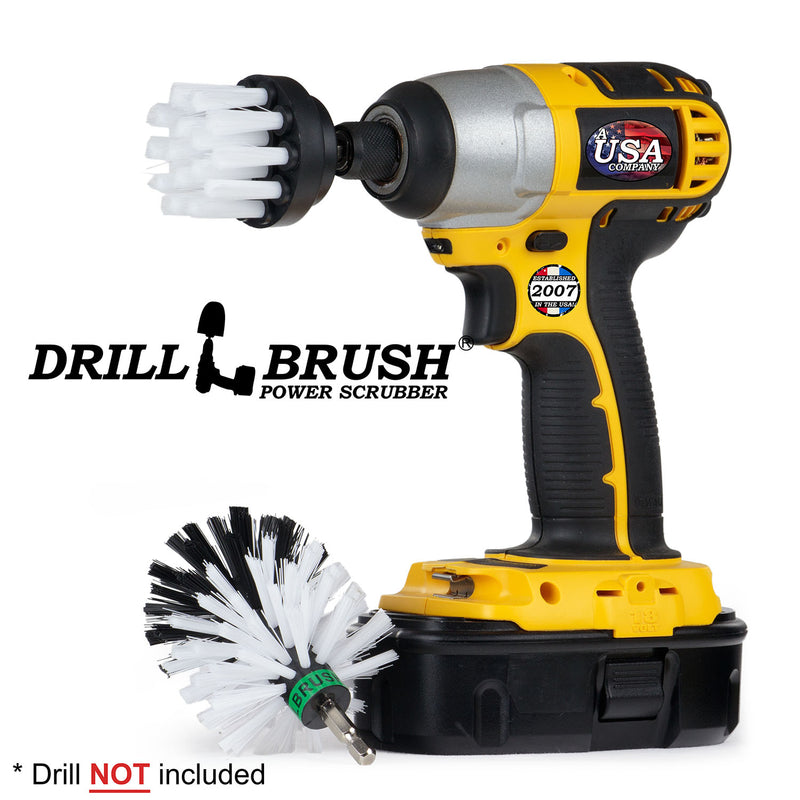 Drillbrush 2M Soft White Home & Auto Brush Kit with a 2 inch brush in a cordless drill.