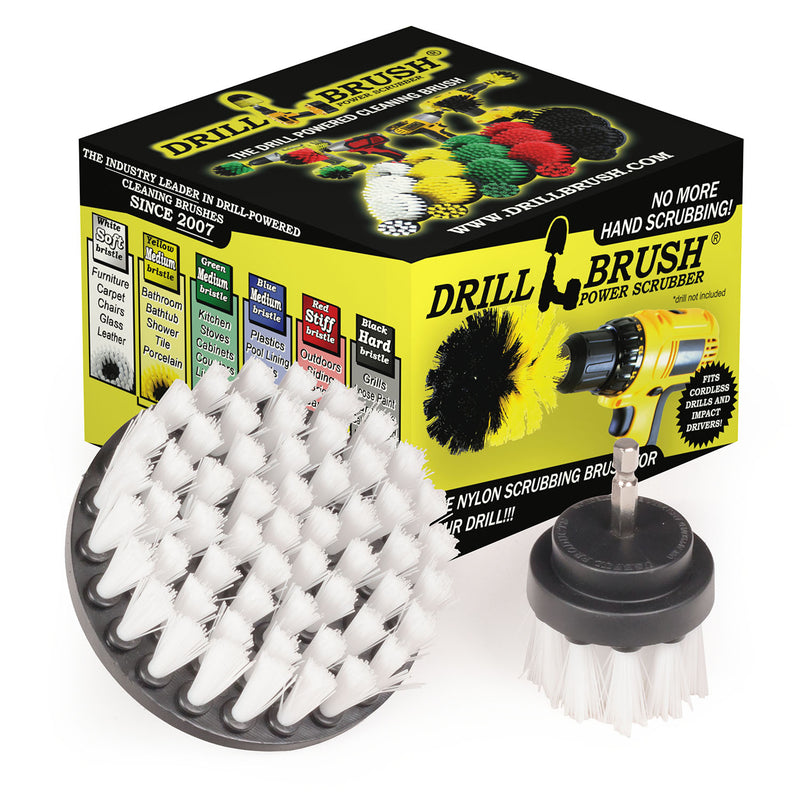 Drillbrush Soft White 4 inch and 2 inch Short brushes in front of their packaging. 