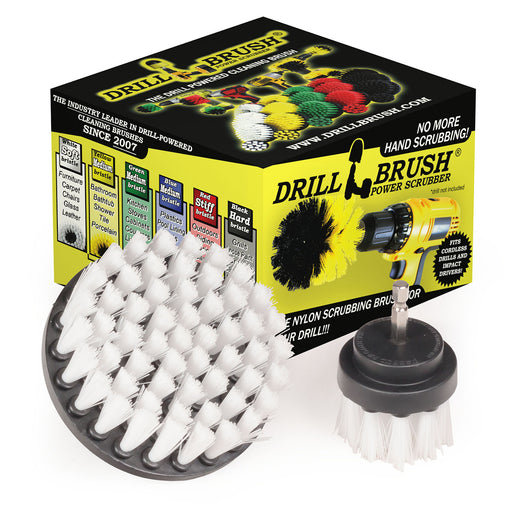 Drillbrush Soft White 4 inch and 2 inch Short brushes in front of their packaging. 