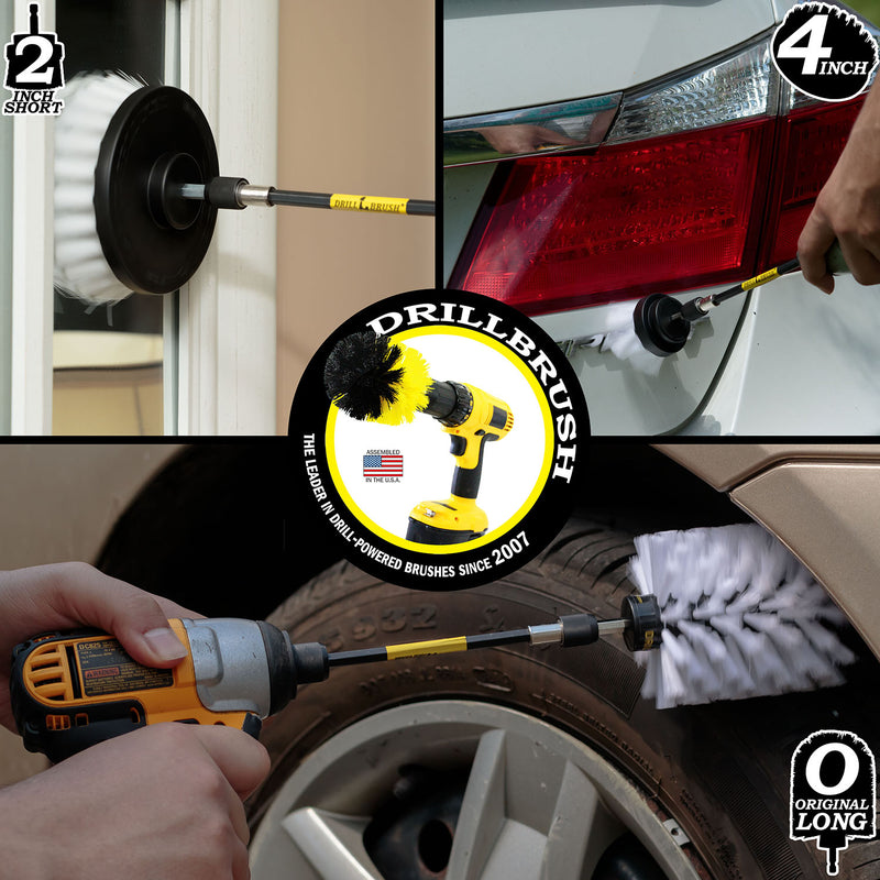 Action shots of a Soft White Original Jumbo Drillbrush in a 5 inch extension cleaning a tire, a Soft White 2 inch Short Drillbrush in a 5 inch extension cleaning a tail light, and a Soft White 4 inch Drillbrush in a 5 inch extension cleaning a mirror.