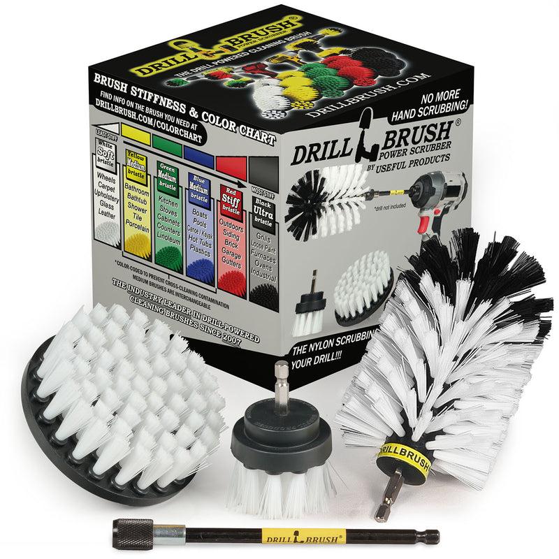 4in Flat Brush, 2in Short Brush, and Jumbo Original all in Soft White Plus 5" Extension - Automotive Cleaning kit with Extended Reach Attachment  | W-S-42J-5X-QC-DB