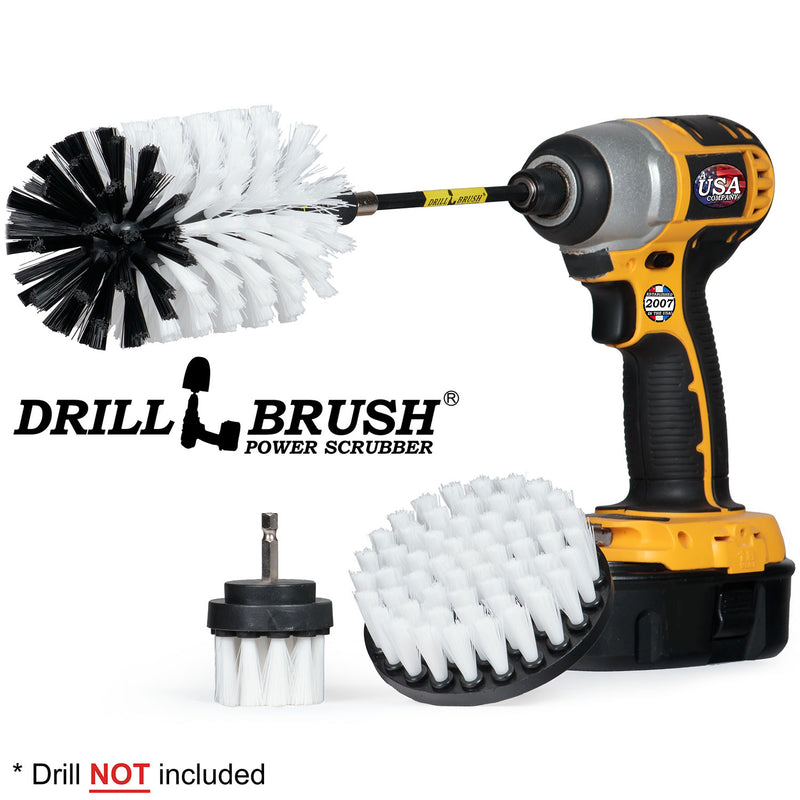 Drillbrush 42J-5X Soft White Home & Auto Brush Kit with an Original Jumbo brush in a 5 inch extension in a cordless drill.
