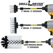 Images of the Drillbrush 2 inch Short, 4 inch, and Original Jumbo Soft White Home & Auto Brushes in 5 inch extensions in cordless drills.