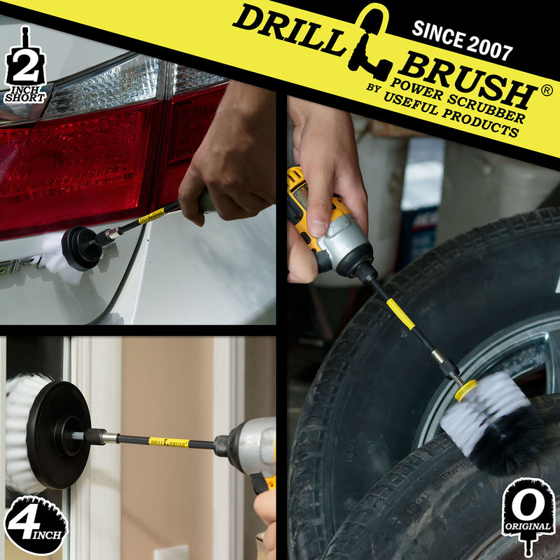 Action shots of a Soft White Original Drillbrush in a 5 inch extension cleaning a tire, a Soft White 2 inch Short Drillbrush in a 5 inch extension cleaning a tail light, and a Soft White 4 inch Drillbrush in a 5 inch extension cleaning a mirror.