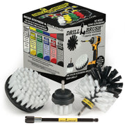 The Drillbrush 42O-5X Soft White Home & Auto Brush Kit in front of the box it comes in.