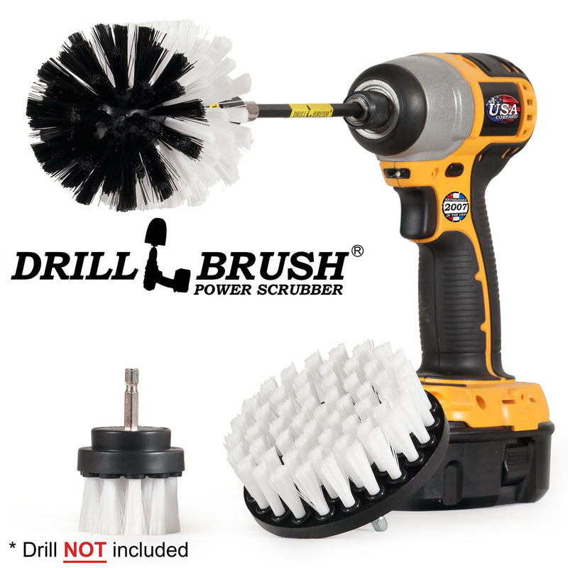 Drillbrush 42O-5X Soft White Home & Auto Brush Kit with an Original brush in a 5 inch extension in a cordless drill.