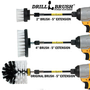 Images of the Drillbrush 2 inch Short, 4 inch, and Original Soft White Home & Auto Brushes in 5 inch extensions in cordless drills.