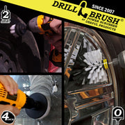 Action shots of a Soft White Original brush cleaning rims, a Soft White 2 inch Short Drillbrush cleaning a tire, and a Soft White 4 inch Drillbrush cleaning a window.