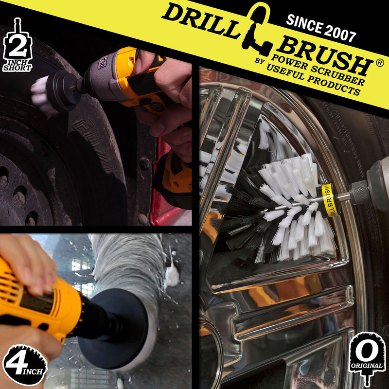 Action shots of a Soft White Original brush cleaning rims, a Soft White 2 inch Short Drillbrush cleaning a tire, and a Soft White 4 inch Drillbrush cleaning a window.