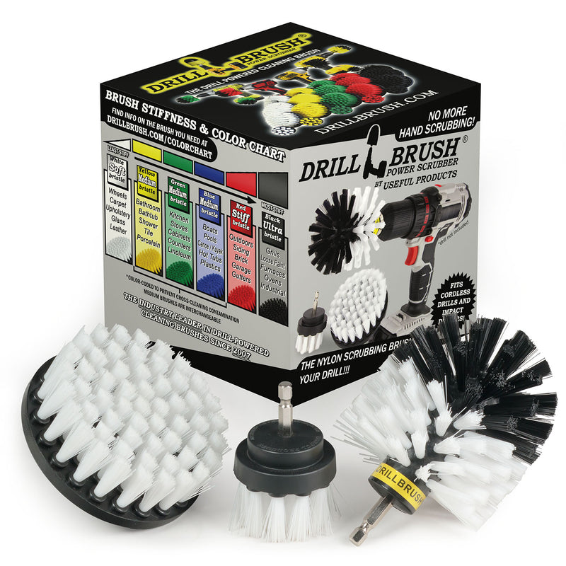 The Drillbrush 42O Soft White Home & Auto Brush Kit in front of the box it comes in.
