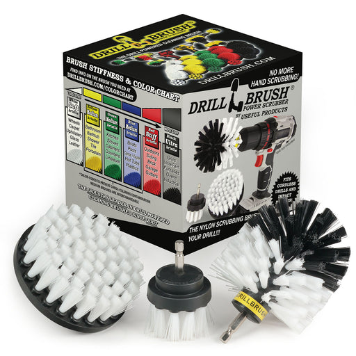 The Drillbrush 42O Soft White Home & Auto Brush Kit in front of the box it comes in.