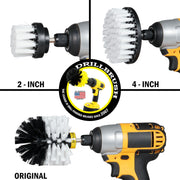 Images of the Drillbrush 2 inch Short, 4 inch, and Original Soft White Home & Auto Brushes in cordless drills.