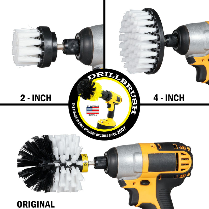 Images of the Drillbrush 2 inch Short, 4 inch, and Original Soft White Home & Auto Brushes in cordless drills.