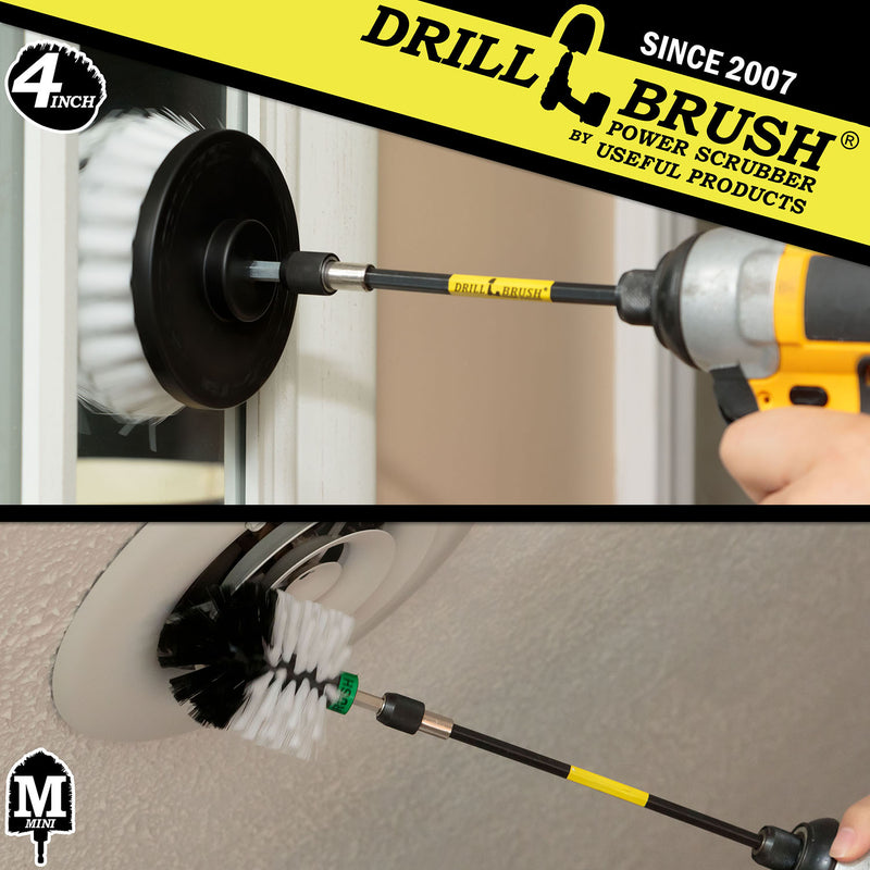 Action shots of a Soft White Mini brush in a 5 inch extension cleaning a ceiling vent and a Soft White 4 inch Drillbrush in a 5 inch extension cleaning a mirror.