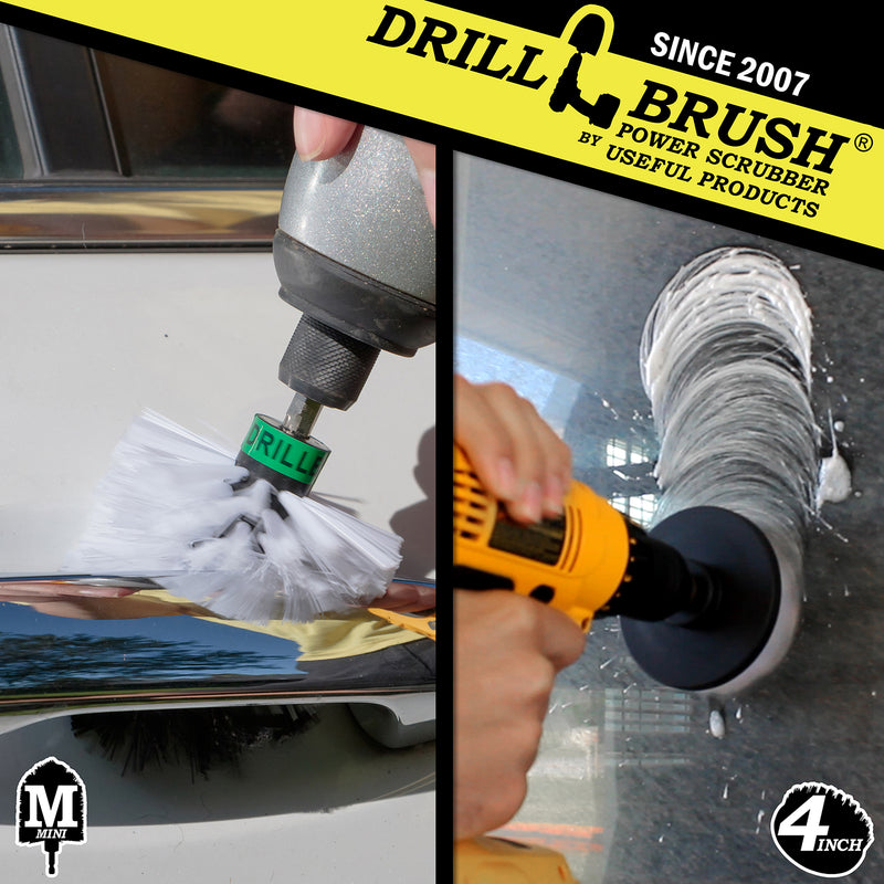 Action shots of a Soft White Mini Drillbrush cleaning a car door handle and a Soft White 4 inch Drillbrush cleaning a window.