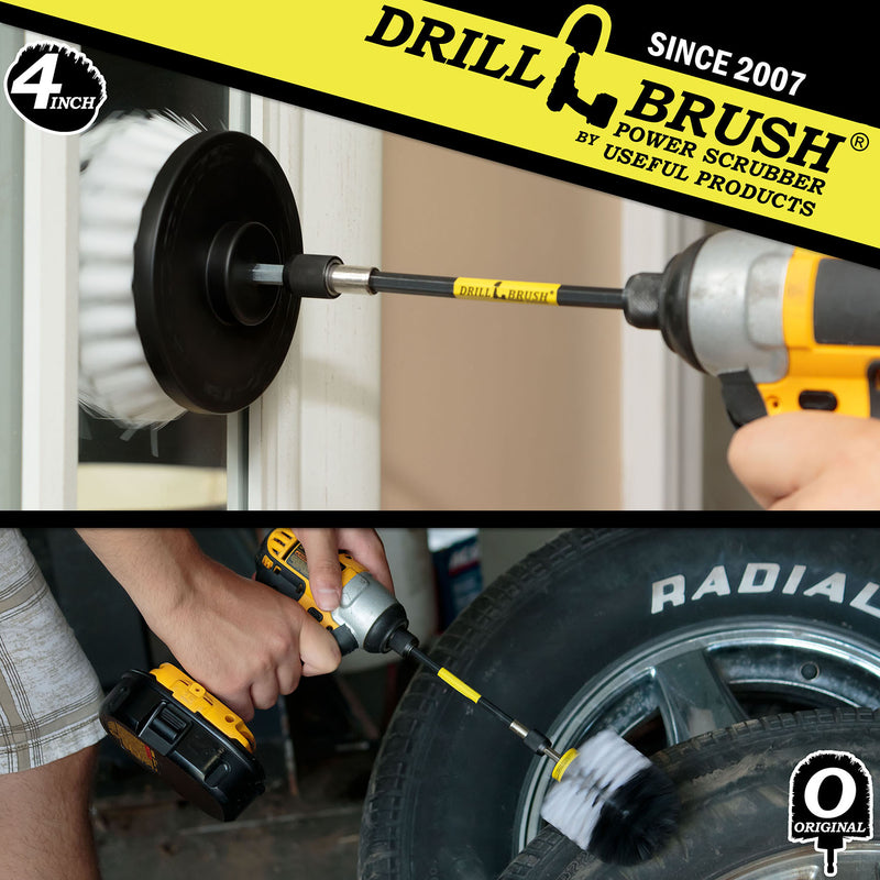 Action shots of a Soft White Original brush in a 5 inch extension cleaning a tire and a Soft White 4 inch Drillbrush in a 5 inch extension cleaning a mirror.