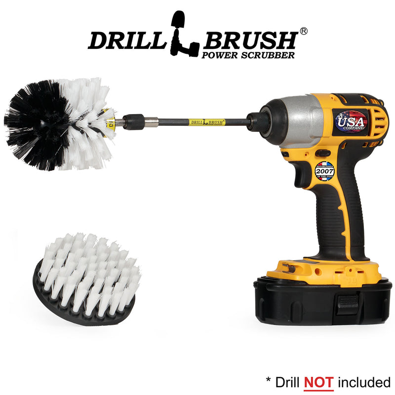 Drillbrush 4O-5X Soft White Home and Auto Brush Kit with an Original brush in a 5 inch extension in a cordless drill.