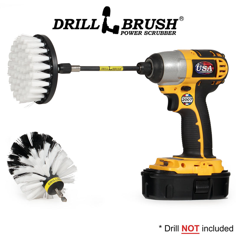 Drillbrush 4O-5X Soft White Home and Auto Brush Kit with a 4 inch brush in a 5 inch extension in a cordless drill.