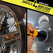 Action shots of a Soft White Original brush cleaning rims and a Soft White 4 inch Drillbrush cleaning a window.