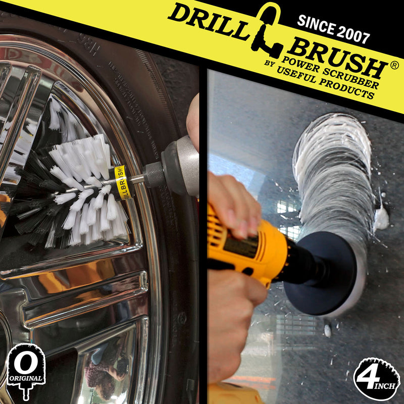 Action shots of a Soft White Original brush cleaning rims and a Soft White 4 inch Drillbrush cleaning a window.
