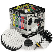 The Drillbrush 52O Soft White Home & Auto Brush Kit in front of the box it comes in.