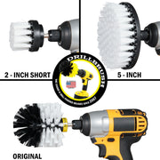 Images of the Drillbrush 2 inch Short, 5 inch, and Original Soft White Home & Auto Brushes in cordless drills.