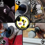 Action images of a Soft White 2 inch Short Drillbrush scrubbing a tire, a 4 inch Flat brush and cone-shaped Corner brush cleaning windows, a 5 inch Flat brush being used on tailights, and an Original brush being used to clean rims.