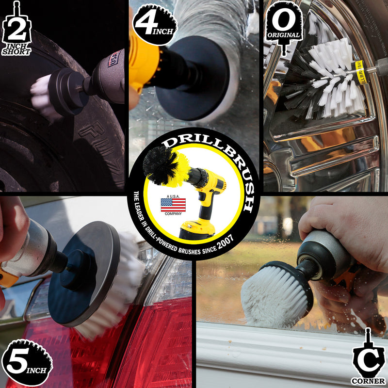 Action images of a Soft White 2 inch Short Drillbrush scrubbing a tire, a 4 inch Flat brush and cone-shaped Corner brush cleaning windows, a 5 inch Flat brush being used on tailights, and an Original brush being used to clean rims.