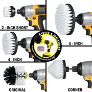Soft White Original, 4 inch Flat, 5 inch Flat, Cone-shaped Corner, and 2 inch Short Detail Drillbrush brushes each installed on a cordless drill.