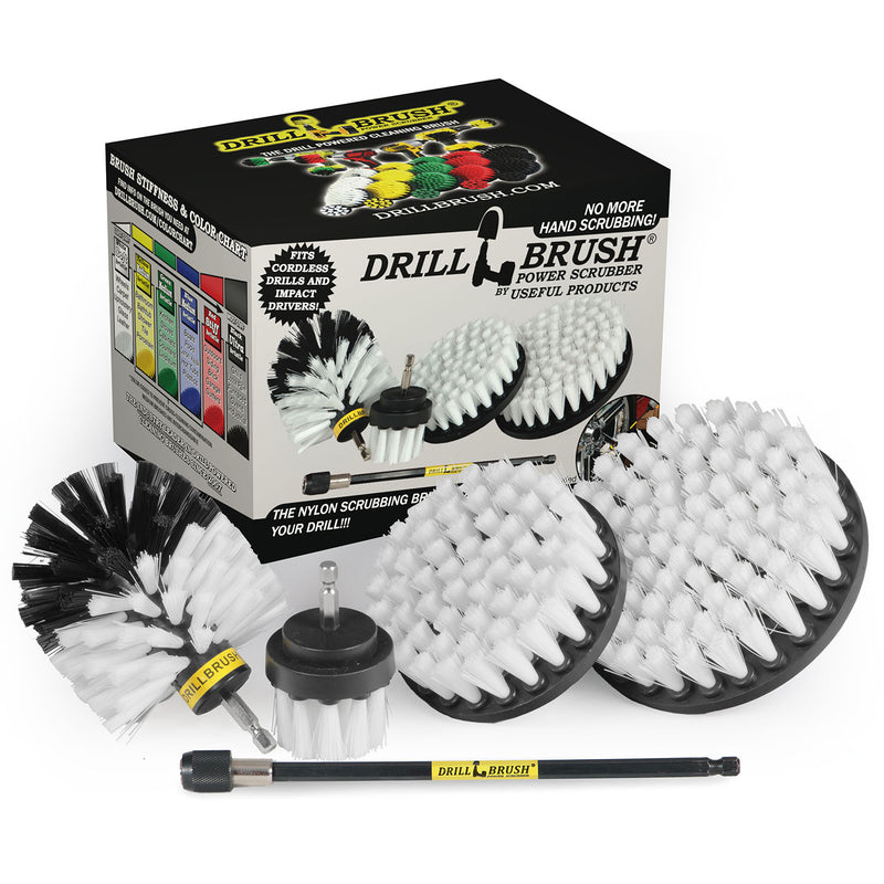 The Drillbrush 542O-7X Soft White Home & Auto Brush Kit in front of the box it comes in.