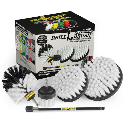 The Drillbrush 542O-7X Soft White Home & Auto Brush Kit in front of the box it comes in.