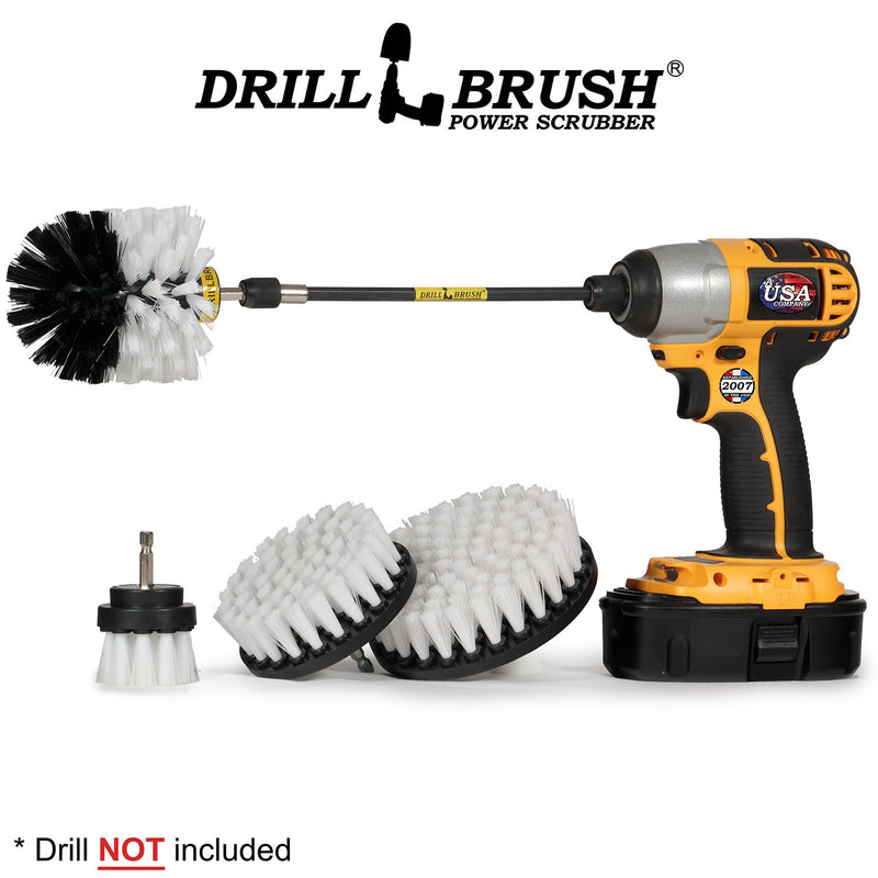 Drillbrush 542O-7X Soft White Home & Auto Brush Kit with an Original brush in a 7 inch extension in a cordless drill.