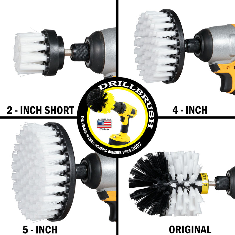 Images of the Drillbrush 2 inch Short, 4 inch, 5 inch, and Original Soft White Home & Auto Brushes in cordless drills.