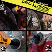 Action shots of a Soft White Original brush cleaning rims, a Soft White 2 inch Short Drillbrush cleaning a tire, a Soft White 4 inch Drillbrush cleaning a window, and a Soft White 5 inch Drillbrush cleaning a tail light.