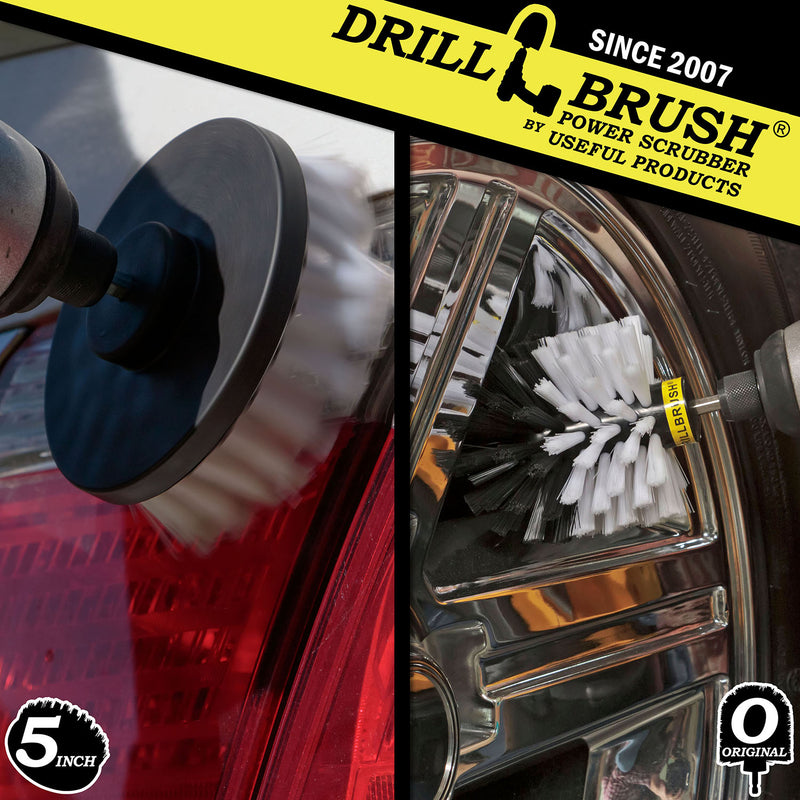 Action shots of a Soft White Original brush cleaning rims and a Soft White 5 inch Drillbrush cleaning a boat window.