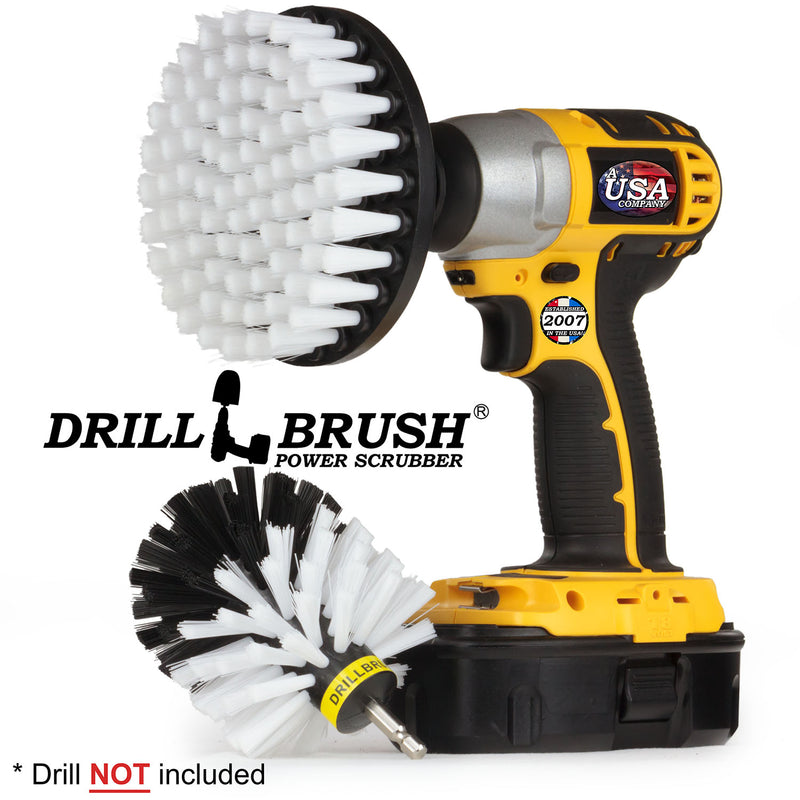 Drillbrush 5O Soft White Home & Auto Brush Kit with a 5 inch brush in a cordless drill.