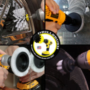 Action shots of a Soft White Original Drillbrush cleaning rims, a Soft White 2 inch Short Drillbrush cleaning a tire, a Soft White 4 inch Drillbrush cleaning a window, and a Soft White Edge Drillbrush cleaning a mirror.