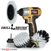 Drillbrush E42O Soft White Home & Auto Brush Kit with an Edge brush in a cordless drill.