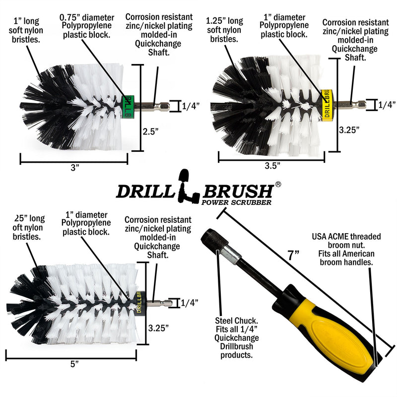 Jumbo, Original, and Mini Brushes w/ Handle Kit - Soft White Bristles - Home & Auto Cleaning | W-S-JOM-HD-QC-DB