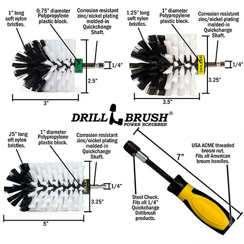 Jumbo, Original, and Mini Brushes w/ Handle Kit - Soft White Bristles - Home & Auto Cleaning | W-S-JOM-HD-QC-DB