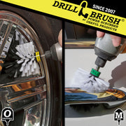 Action shots of a Soft White Original brush cleaning rims and a Soft White Mini Drillbrush cleaning a door handle.